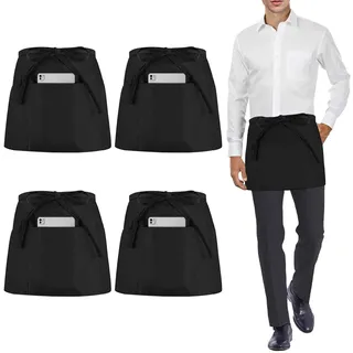 umboom 4 Stück Schwarz Wasserdichte Kellnerschürze, Vorbinder Schürze mit 3 Taschen für Herren Damen, Kochschürze für Küche Grill Cafe Bar Bistro Restaurant Garten Backen Taillen(Wasserabweisend)