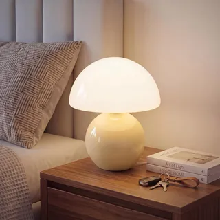Dawnwake Pilz Nachttischlampe Tischlampe, Led Dimmbar Tischleuchte Deko Wohnzimmer, Schlafzimmer Tischlampen, Mushroom Bedside Table Lamp, Keramikbasis Glas Klein Nachtlampe (Creme)