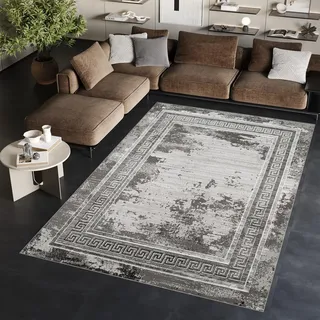 TAPISO Ares Teppich Kurzflor Glänzend Dunkelgrau Grau Rahmen 120 x 170 cm | Bordüre Barock Klassisch 3D Effekt Wohnzimmer Schlafzimmer OEKO-TEX