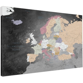 LANA KK - Europakarte Leinwandbild mit Korkrückwand zum pinnen der Reiseziele – Europakarte Schiefergrau - deutsch - Kunstdruck-Pinnwand Globus, Premium - 2cm, in 100 x 70 cm