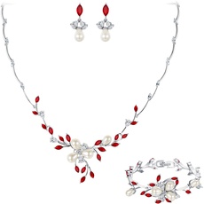 EVER FAITH CZ simulierte Perle Blume Blatt filigrane Halskette Ohrringe Armband Set Rot Silber-Ton