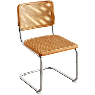 Gepolsterter Holz-Rattan-Esszimmerstuhl, armloser Esszimmer-Küchenstuhl mit natürlicher Rohrrückenlehne und rostfreiem Chromgestell, Loungesessel für Wohnzimmer/Schlafzimmer/Hof