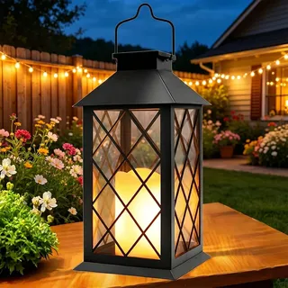 Yowin Solarlaterne für Außen 35cm Große Solarlampen Garten mit Flammeneffekte Kerze, Hängend Solar Laternen Wasserdicht Solar Tischlampe, Solarleuchten für Terrasse Balkon Pavillon Deko - Schwarz