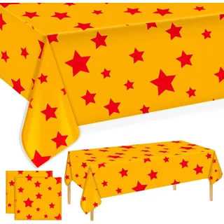 2 Stück Festtischdecken 137x274cm Plastik Wasserdicht Lebhaft Gelb und Rot mit Sternenprint für Dekorationsbedarf für Anime-Themenfeiern