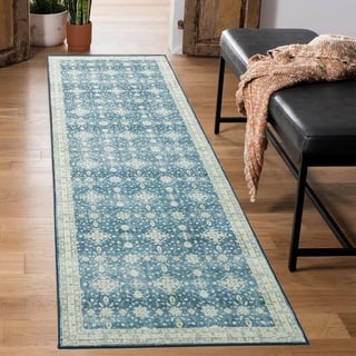 Carvapet Läufer Teppich 60x210cm rutschfest Lang Küchenteppich Weiche Mikrofaser Waschbar Teppichläufer Blumendruck Flächenteppich Laufteppich(Blau)