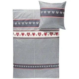 Erwin Müller Feinflanell-Bettwäsche, Bettgarnitur Karo, Herz grau-rot-weiß Größe 80x80 cm / 135x200 cm - für die kalte Jahreszeit, weich und flauschig, mit praktischem Reißverschluss