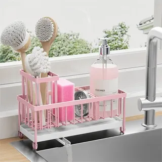 Cisily Pinker Schwammhalter für Küchenspüle, Spülbecken-Caddy Organizer mit hohem Bürstenhalter, Küchenarbeitsplatte, rostfrei, 304 Edelstahl, Seifenspender, Küchenorganizer und