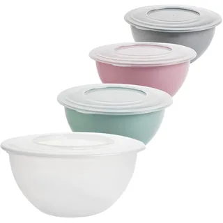 Schüssel mit Deckel 5l 4er Set, Salatschüssel mit Deckel, Rührschüssel, Kunststoff (PP) BPA-frei, Farbe: hell grau, pastell rosa, grün und transparent, Transparent Deckel, Ø 28 cm, Made in EU