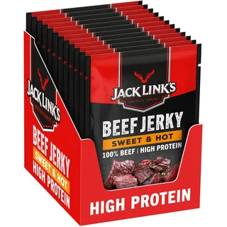 Jack Links Beef Jerky Sweet & Hot – 12er Pack (12 x 25g) – Trockenfleisch Eiweiß Snacks - High Protein Snack für Gym, Fitness, Outdoor - American Food für Menschen - Dörrfleisch Chips aus Rind Fleisch