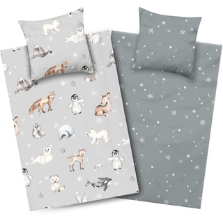 Aminata kids Biber Bettwäsche 135x200 Kinder Pinguin Eisbär Hirsch Baumwolle, Reißverschluss, Kinderbettwäsche mit Winter-Motiv, warm, weich & kuschelig