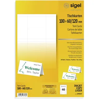 Sigel DP047 bedruckbare Tischkarten weiß, 10 x 6 cm (auf A4), 40 Stück