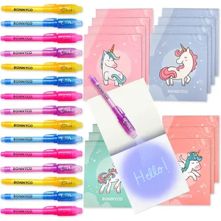 BONNYCO UV Stift und Notizbuch, 16 Stück Einhorn Mitgebsel Kindergeburtstag Mädchen und Junge. Kindergeburtstag Gastgeschenke, Kleine Geschenke für Kinder. Adventskalender Inhalt, Einhorn Deko