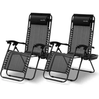 SereneLife Sonnenliege 2er Set Schwarz – Klappbare Relaxliegen mit Zero Gravity, wetterfest & faltbar, ideal für Garten, Balkon & Camping