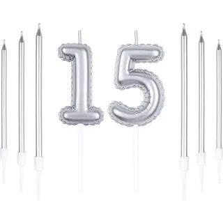 Silber 15th Geburtstagskerze, Silber Zahl 15 Kerzen für Kuchen, Silber dünne Party Kerzen, Happy Birthday Kerzen, Silber Kuchen Kerzen Kuchen Toppers für Mädchen Jungen Frauen Männer Geburtstag Dekor