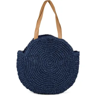 styleBREAKER runde Damen Basttasche mit langen Henkeln | Geflochtene Korbtasche als Strandtasche oder Shopper | Großes Hauptfach mit Reißverschluss, Farbe:Dunkelblau