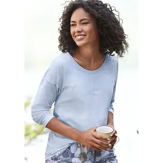 Pyjamaoberteil VIVANCE DREAMS, Damen, Gr. 32/34, blau (hellblau), Single Jersey, Obermaterial: 50% Baumwolle, 50% Viskose, bedruckt, unifarben, Basic, loose fit hüftlang, Rundhals, Shirts Pyjamaoberteil, mit Sommer-Statementdruck