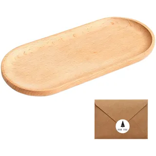 Vbxvsa Echtholz Tablett Oval undGrußkarte in Geschenkumschlag, Natur Buche Servierbrett 20x10cm für Frühstück, Käse, Deko Wohnung, Einzugsgeschenk Haus, Küchenbrett & Präsentierteller, Natur Farbe