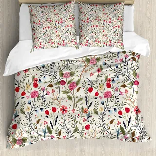 ABAKUHAUS Blumen Bettbezug, Vögel Rosen-Tupfen, Milbensicher Allergiker geeignet mit Kissenbezügen, 155 cm x 220 cm - 80 x 80 cm, Mehrfarbig - Bunt