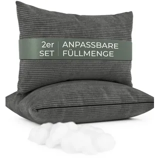 Sofakissen mit Füllung und Bezug 2er Set [extra bauschig] Cord Couchkissen groß 40x60 cm mit regulierbarer Dicke, Zierkissen Kord Bezug, Dekokissen für Sofa und Couch, dunkelgrau, Kordsamt Kissenbezug