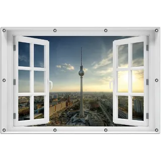 Wallario Outdoor-Poster für Garten oder Balkon 100 x 150 cm: Fernsehturm Berlin mit Panoramablick über die Stadt - Blau