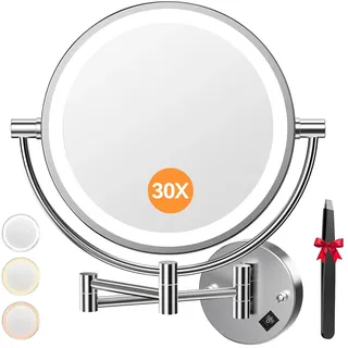 Auxmir Kosmetikspiegel mit LED Beleuchtung 1X/30X Vergrößerung, Dimmbarer Schminkspiegel mit Touchschalter, 3 Farbe Einstellbar, Rasierspiegel Wandmontage für Badezimmer, Spa und Hotel