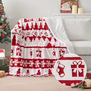 MIULEE Kuscheldecke Weihnachts Sherpa Decke Warme Lammdecke Wohndecke Davidshirsch Weihnachtsbaum Schneeflocken Muster Sofadecke Dicke Tagesdecke Couchdecke Überwürfe für Sofa Bett 150x200 cm Rot-B