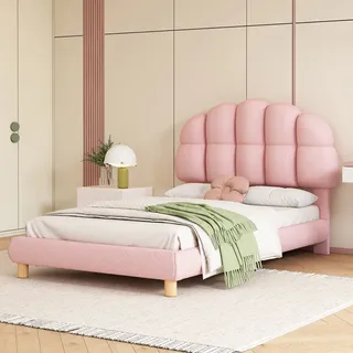 Flieks Jugendbett 90x200cm mit Lattenrost, Kinderbett Polsterbett mit Kreisvliesbezug, Einzelbett Holzbett Klassisches Bett, Rosa - Rosa