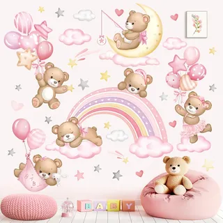 wondever Wandtattoo Rosa Bär Regenbogen Wandsticker Luftballons Wolken | Abziehen und Aufkleben, Abziehbar, Wandaufkleber Selbstklebend für Kinderzimmer Mädchen Babyzimmer Mädchenzimmer Wanddeko