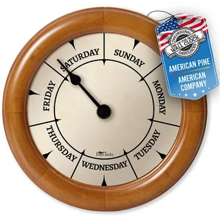 DayClocks Klassische Tagesuhr - Wochentag Uhr - Tagesuhr mit Mitternachtsmarkierungen - Einzigartiges & lustiges Ruhestandsgeschenk - 24,1 cm Kiefer Wanduhr