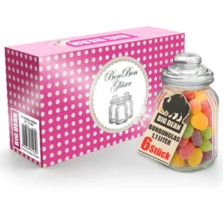 BigDean Bonbonglas 6x 1100ml Bonboniere Bonbonglas mit Deckel in Geschenkbox Vorratsgläser Spülmaschinfest Candy Bar Gläser - Transparent