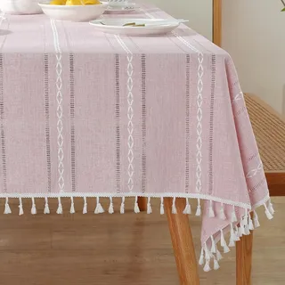 meioro Böhmische Tischdecke für Küche Dekoration, 140x260cm Makramee Tischtuch mit Quasten, Rechteckige Leinen Tischwäsche, Gestreifte Tafeldecke Mesh Tischdecken für Esstisch Tabletop Dekor (Rosa)