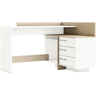 Demeyere Bureau d’Angle Droit ou Gauche Thales Avec Rangement - 3 Tiroirs – Chêne Brossé - Robuste et Fonctionnel - L 128,5 x P 105,7 x H 83,2 cm, Gebürstete Eiche/Mattweiß