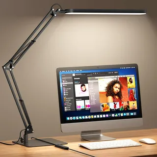 SKYLEO Schreibtischlampe LED - Verstellbare Schwenkarm, Ultradunnem Sockel LED Tischlampe, Dimmbar, Timer, Memory-Funktion, 1300 LM, 12W, Schwarz