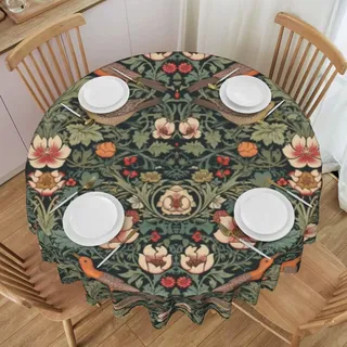 AAVEUP William Morris Tischdecke, Vintage, rustikal, klassisch, Kunst, Grün, Natur, Pflanze, Blatt, Blume, Vogel, runder Druck, für Zuhause, Party, Esszimmer, Küche, Dekoration, 91,4 x 91,4 cm