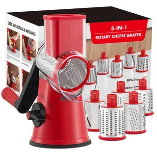 GDL Käsereibe mit Kurbel, Aktualisiert Reibe für Gemüse mit 5 Trommelblättern, Trommelreibe Gemüseschneider Einfach und Schnell, Gemüsehobel Ice Crusher für Käse, Eis, Nuss, Gurke, Karotte, Rot