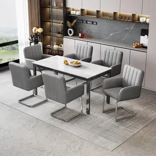 Flieks Polsterstühle 6er Set, Esszimmerstühle Freischwinger 6er Set, Besucherstühle Arbeitsstühle mit Armlehnen und Metallbeinen, PU, Grau - Grün