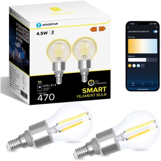 Aigostar Alexa Glühbirne E14, Smart LED Vintage Lampe, Smarte Glühbirne G45 Transparent Globe, 4.5W 470LM, Warmweiß Dimmbar 2700K -6500K, Kompatibel mit Alexa und Google Home, 2 Stücke