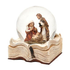 Dekohelden24 Schneekugel mit Heilige Familie, Maße H/B/Ø Kugel: ca. 9 x 7,5 cm, Ø 6,5 cm auf Buch