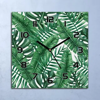 Wanduhr Echt-Glas-Küchenuhr Tropische Blätter Quarz Lautlos 30x30 Deko Bilder - Grün