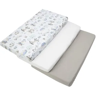 Medi Partners Spannbettlaken 60x120 3-Pack Baby Bettlaken Kinderbett Spannbetttuch 100% Baumwolle - Fitted Kinder Sheet Bettwäsche Babymatratze Schlafsack Babybett (Hirsch und Igel-Weiß-Graue)