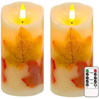 Justup Flammenlose LED-Kerzen, Set von 2 Flackernde LED Kerzen mit Fernbedienung und Timer, Dimmbare Säulen Kerzen Batterie betrieben, Kerzen für Herbst Halloween Thanksgiving Dekor (Ahornblatt)