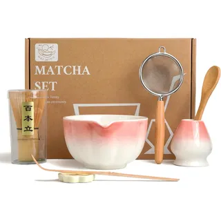 HEI MING Premium Matcha Set 7-teilig – Exklusives Teezeremonie-Set mit Bambus-Chasen (Besen),Rosa Keramik-Schale, Löffel & Zubehör, Originelles Geschenk für Matcha