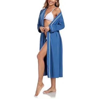 COLORFULLEAF Damen-Morgenmantel, langer Bademantel, leichter Kimono, langärmelig, Damen-Hausmantel, weiche Sauna-Nachtwäsche mit Taschen (Azurblau, S)