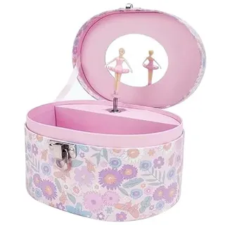 BUOYLA Ovale Spieluhr für Mädchen mit drehender Ballerina und Spiegel, Schmuckkästchen für Kinder aus Hartpappe mit Blumenmuster, Rosa