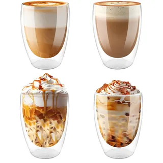 Vexillic Doppelwandige Kaffeegläser, Latte Macchiato Gläser 4er Set 350ml, Cappuccino Tassen aus Glas für Kaffee, Eis, Milch, Saft, Tee