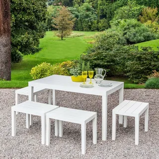 Dmora - Outdoor-Lounge-Set Sanremo, Gartenset mit 1 rechteckigem Tisch und 4 Bänken, Indoor- und Outdoor-Set für Pic Nic, 100 % Made in Italy, Weiß