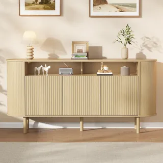 Sideboard, Naturholz, 3 Wellentüren + offenes Fach, Massivholzbeine