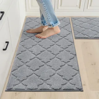 COSY HOMEER Küchenteppich 2 Stück, Teppich Küche Waschbar rutschfest, Küchenläufer, Teppichläufer Flur, Teppich Läufer für Küche, Flur, Wohnraum (50 x 75 cm + 50 x 120 cm, Grau)