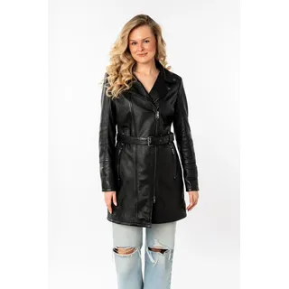Ledermantel MAURITIUS "SENEKA2", Damen, Gr. XL/42, schwarz, Obermaterial: 100% Lammleder. Futter: 100% Baumwolle. Kapuze: 55% Polyester, 45% Baumwolle. Ärmelfutter: 100% Polyester, unifarben, ca. Mitte Oberschenkel, mit Reißverschluss, Mäntel Ledermantel, mit Gürtel, abnehmbarer Jersey-Kapuze und coolen Biker-Details