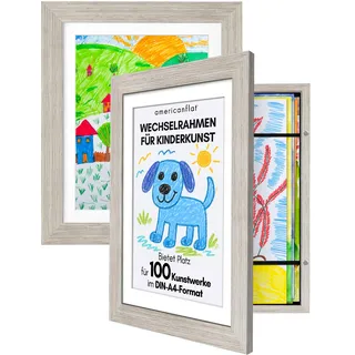 Americanflat A4 Bilderrahmen für Kinderzeichnungen - Treibholz - Zeigt 21,6x28 cm mit Passepartout & 25,5x32 cm ohne Passepartout - Verbundholz mit Bruchsicherem Glas - Hoch- und Querformat - 2St